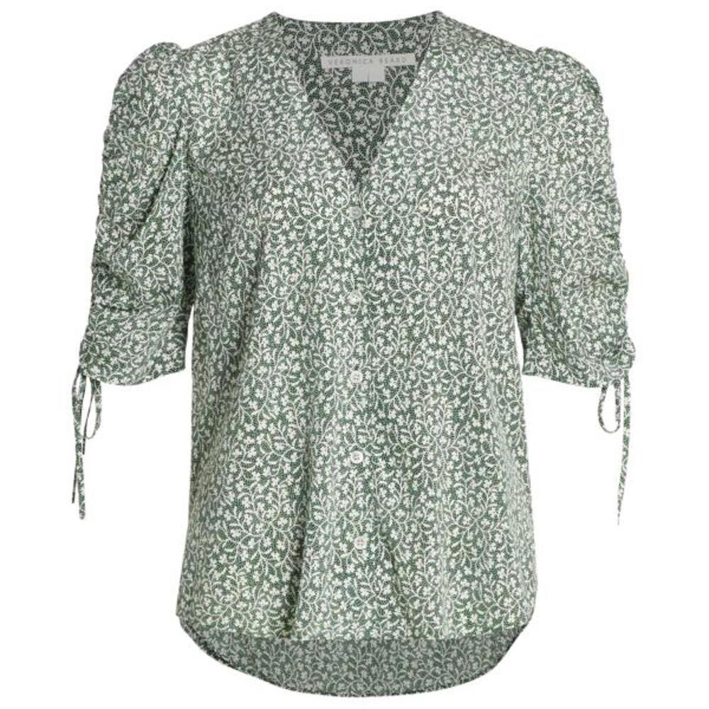 VERONICA BEARD | SZ 4 | Y2K Boho Green Floral Silk Ruched-Sleeve Top Blouse $398 - Picture 5 of 11